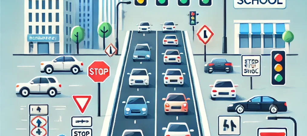 DALL·E 2025-03-25 20.58.07 – A simple and clean digital illustration representing traffic and traffic signs for a driving school website. The image features a busy but organized c DALL·E 2025-03-25 20.58.07 - A simple and clean digital illustration representing traffic and traffic signs for a driving school website. The image features a busy but organized c